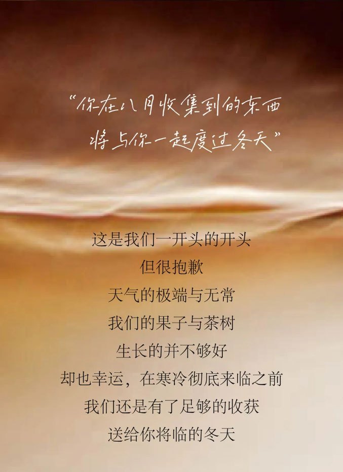 这是我们一开头的开头，但很抱歉，天气的极端与无常，我们的果子与茶树生长的并不够好，却也幸运，在寒冷彻底来临之前，我们还是有了足够的收获，送给你将临的冬天。